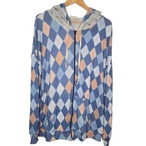 Blumin Womens Argyle Metallic Polka Dot Contrast Double Hood Full Zip Jacket 1XL